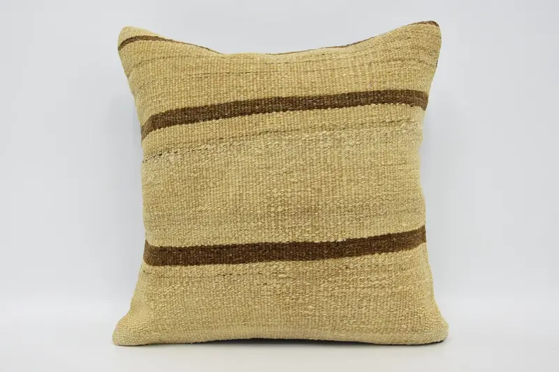 Striped Beige Vintage Cushion Cover, Gift Decorative 16x16 inch Pillow Case - 1