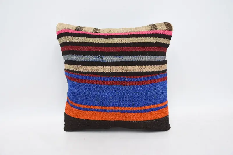 Vintage Coastal Small Square Pillowcase, 14x14 inch Striped TexturedOrange Moroccan Wool Pillow - 1