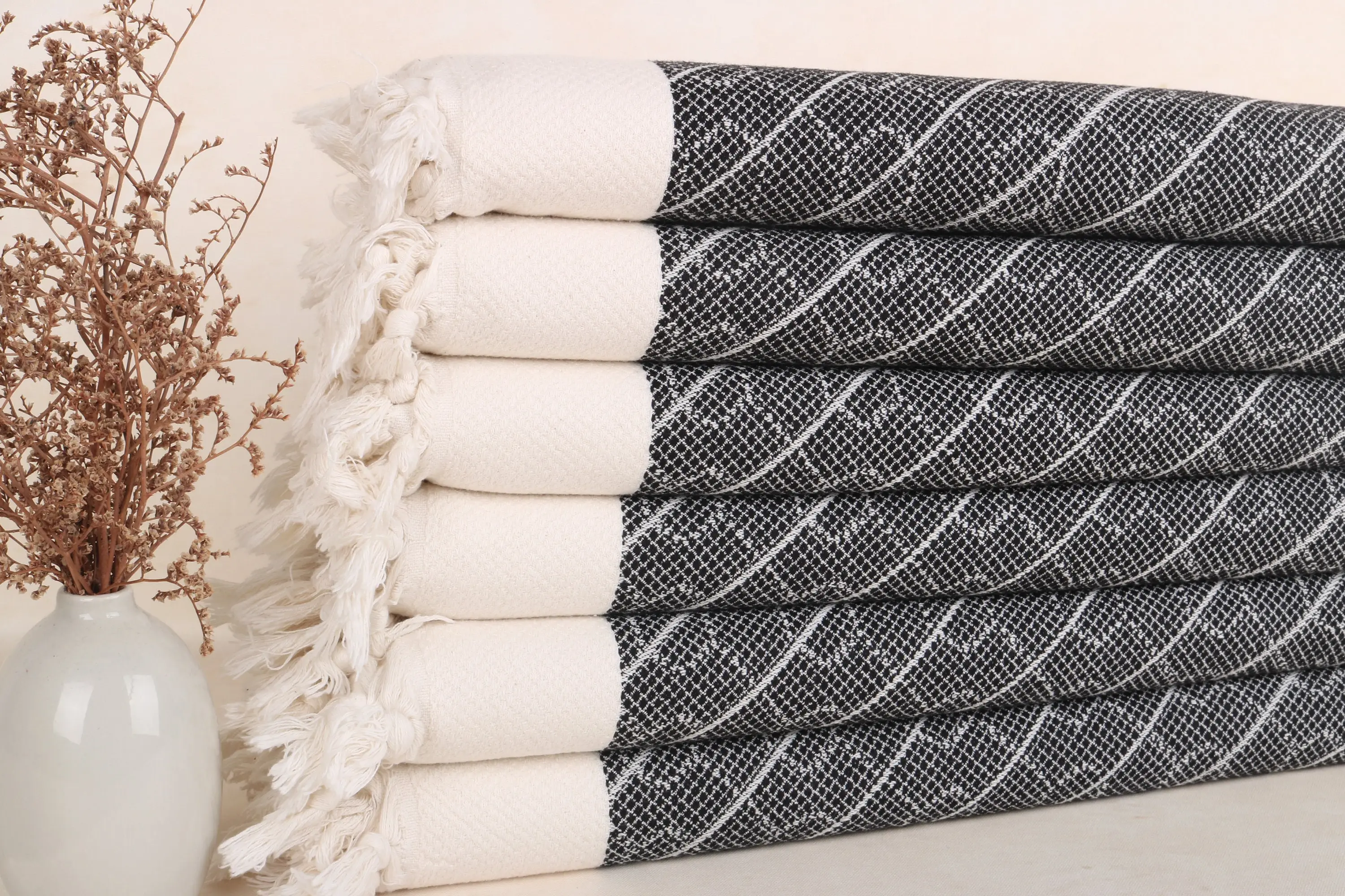 Black Cotton Dish Towel Geometric, Beige, 18x36 Inches - 1