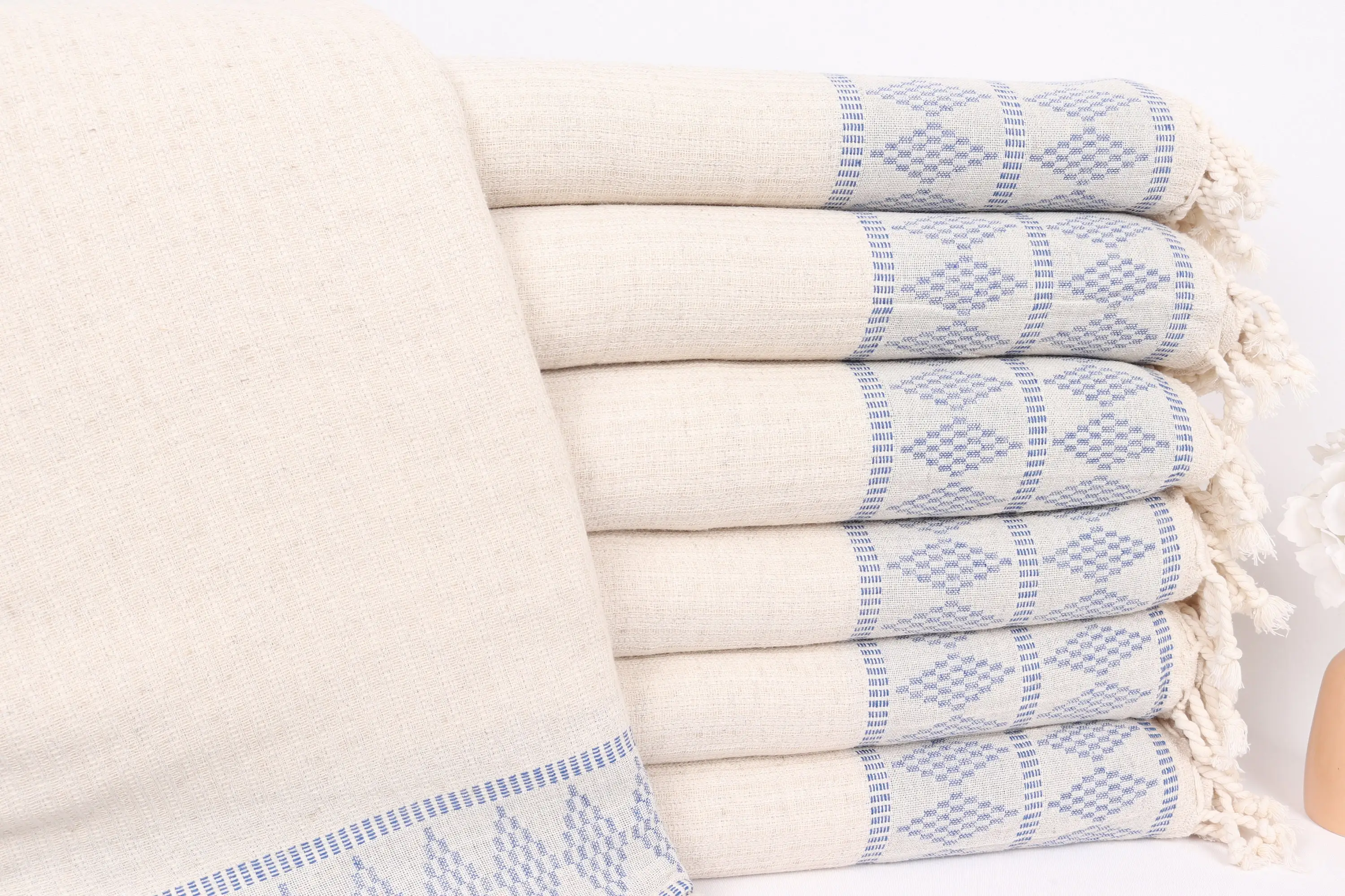 Sax Blue Linen Throw Blanket Geometric Pattern, 87x99 Inches - 1