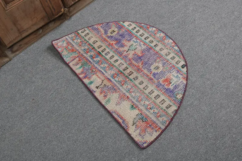 Vintage Turkish Rug, 2.5x1.5 ft Oushak Rug, Blue Check Wool Rug - 1