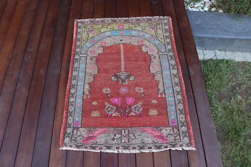 2.4x3.2 ft Halı, Vintage Türk Halısı, Kırmızı Mavi Çiçekli Yün Halı - 1