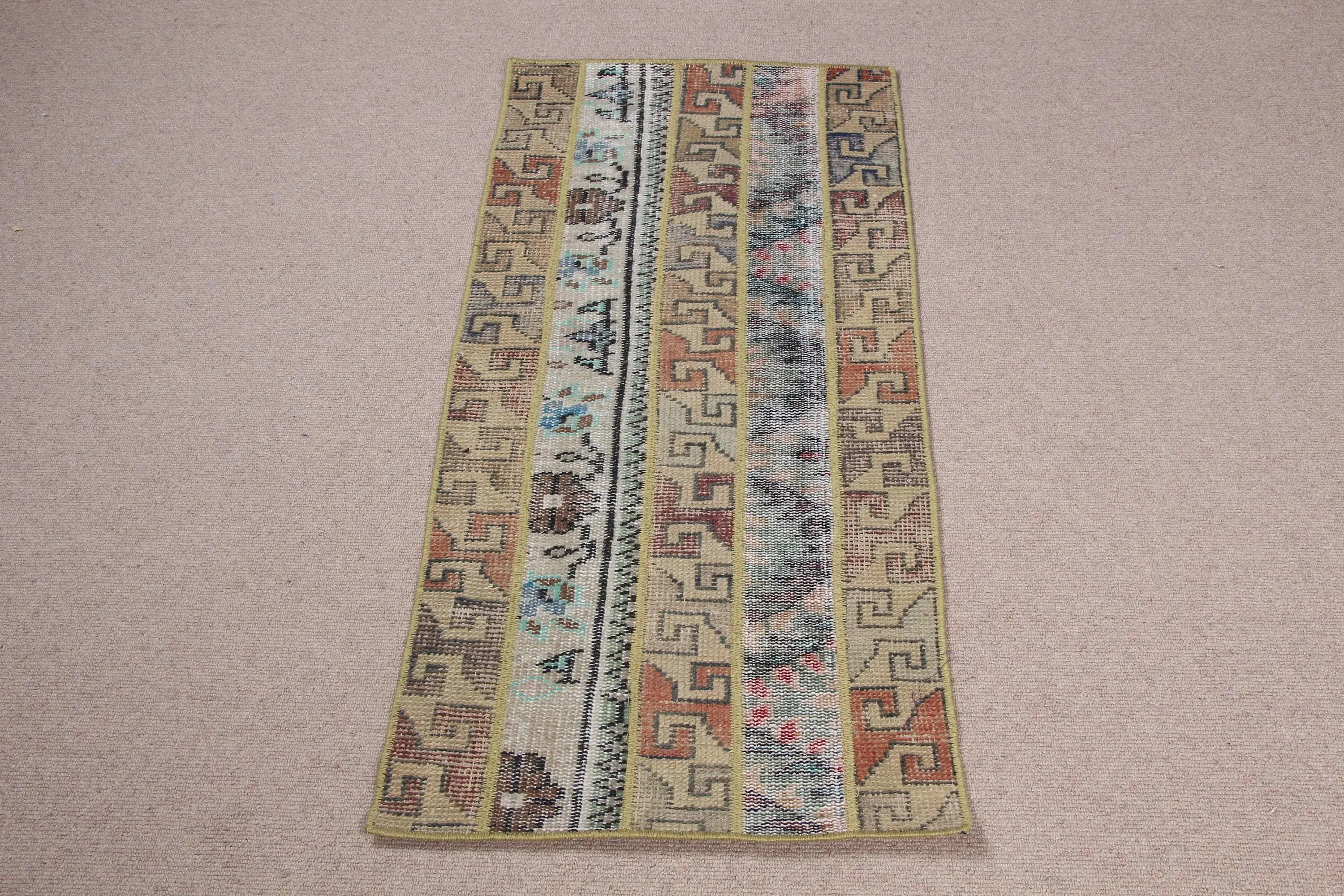 Vintage Turkish Small Rug 1.8x3.9 ft, Brown Ikat Rug Wool - 1