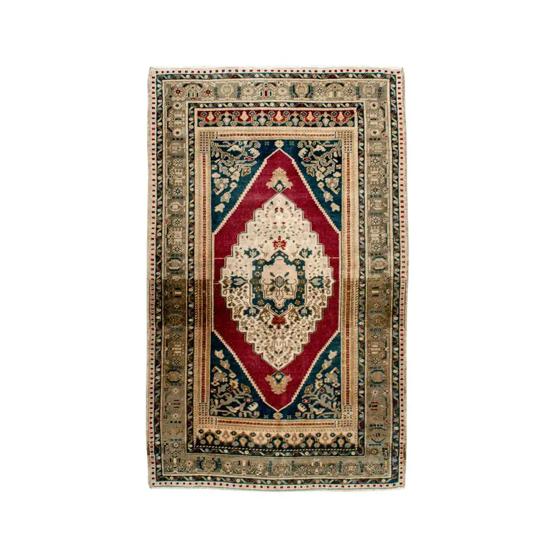 Vintage 3.6x5.9 ft Rug, Accent Turkish Rug, Red Blue Floral Wool Rug - 1