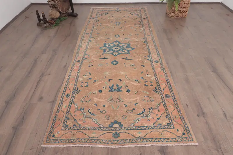 Turkish Vintage Runner Rug 3.8x10 ft, Brown Blue Floral Rug - 1