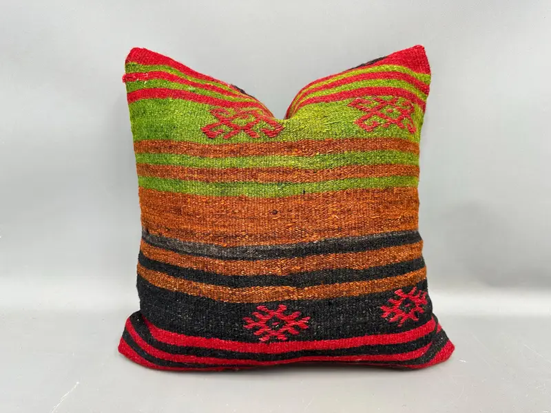 Throw Kilim Pillow, Cushion, 20x20 Green Cushion Cover, Custom Cushion Case, Boho Pillow Sham Cover, Handmade Kilim Cushion - 1
