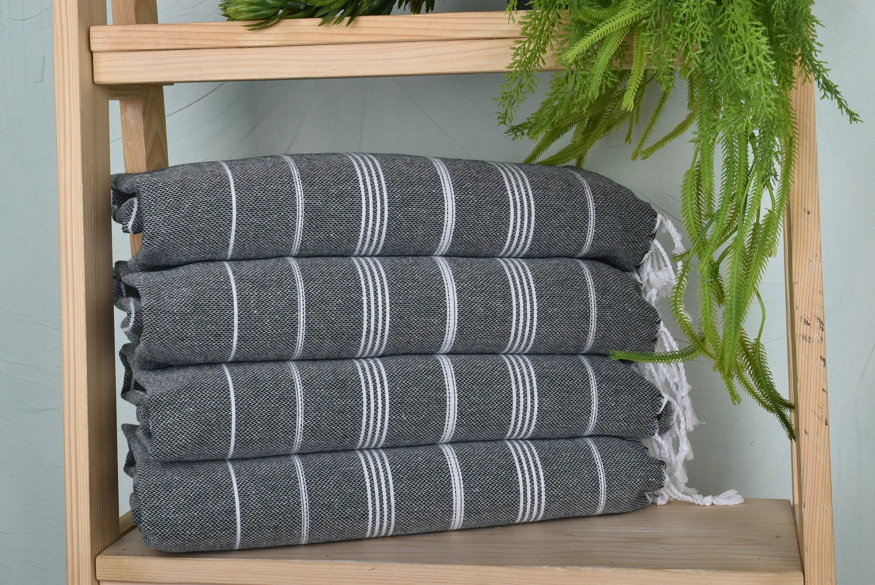 Dark Green Cotton Hand Towel Striped, 18x38 Inches, Organic/Recycled Cotton - 1