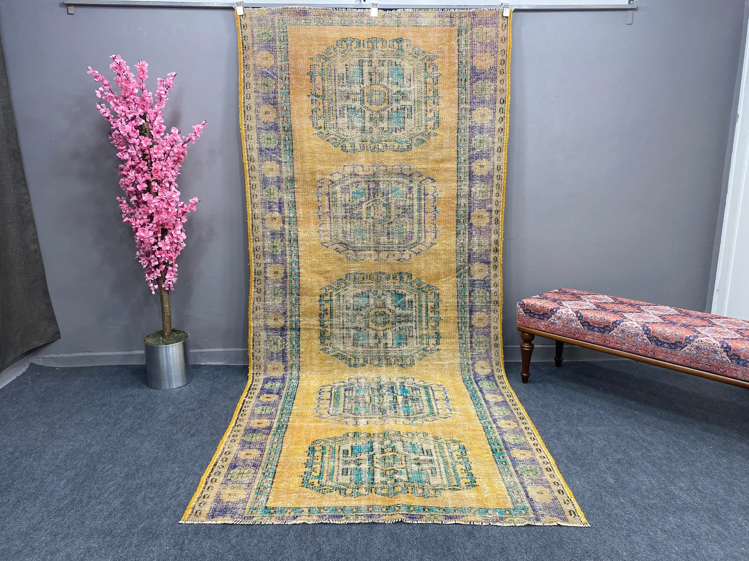 Türk Vintage Halısı, 4.6x10.7 ft Halı, Sarı Mavi Oryantal Halı - 1
