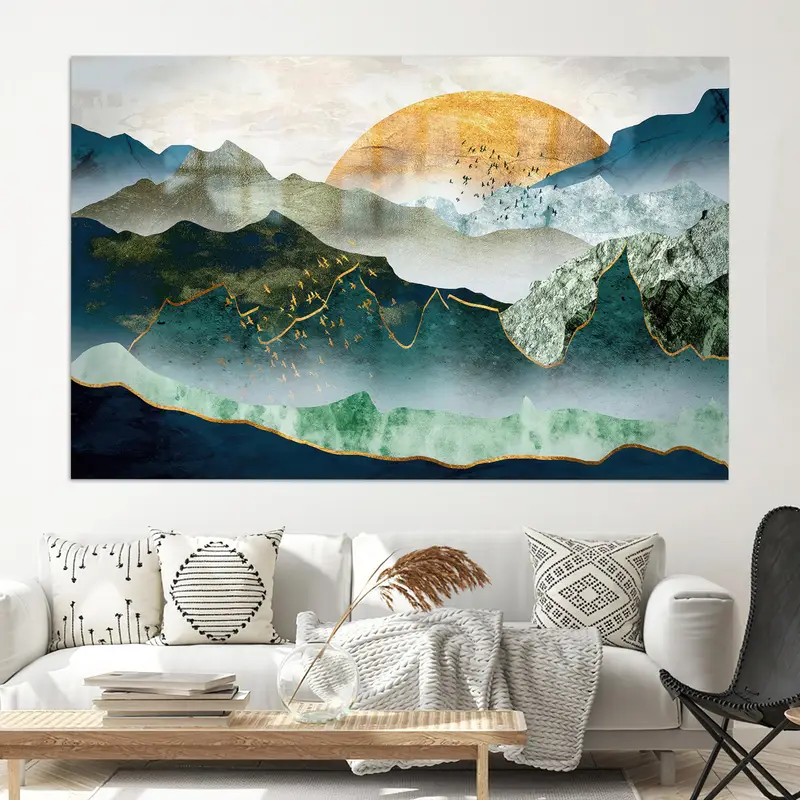 Modern Soyut Dağ Camı: Altın Güneş Lüks Baskılı Tasarım