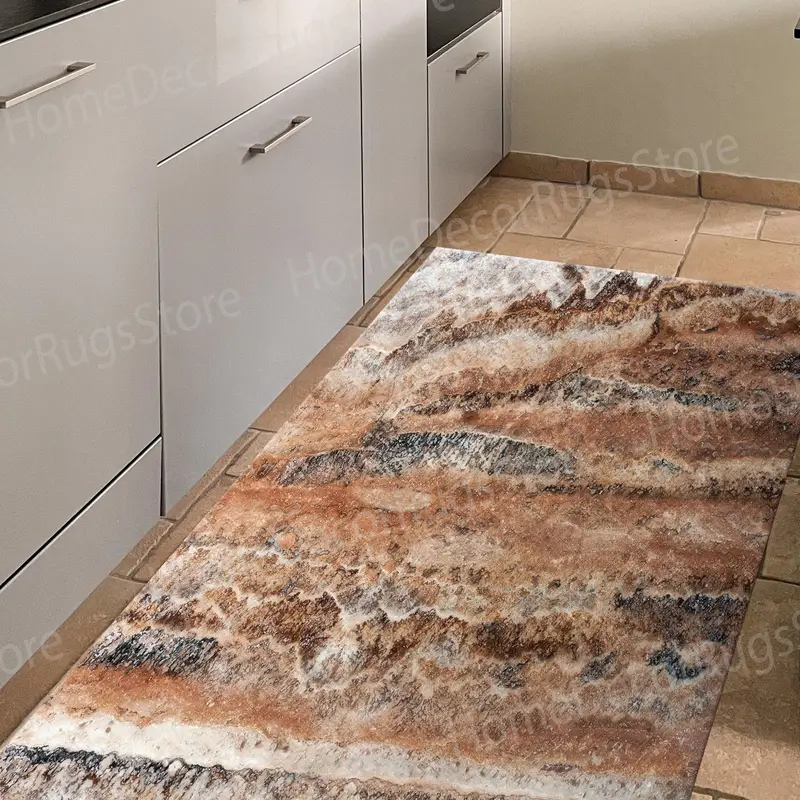 Bedruckter Teppich aus braunem Marmorstein, Bauernhaus-Dekor in Beige