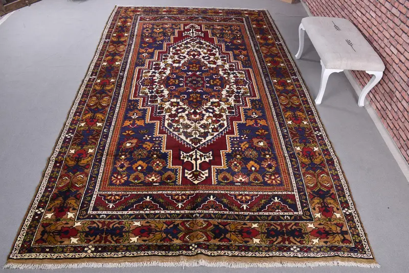 Kırmızı ve Mavi İkat Halı, 7,1x11,8 ft Zarif Dekor