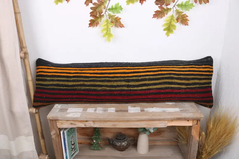 Turkish Kilim Pillow, Pillow for Couch, Bohemian Cushion Pillow Cover, 12x43 Orange Pillow Cover, Turkish Pillow, Rustic Pillow Case, Pillow Sham - 1