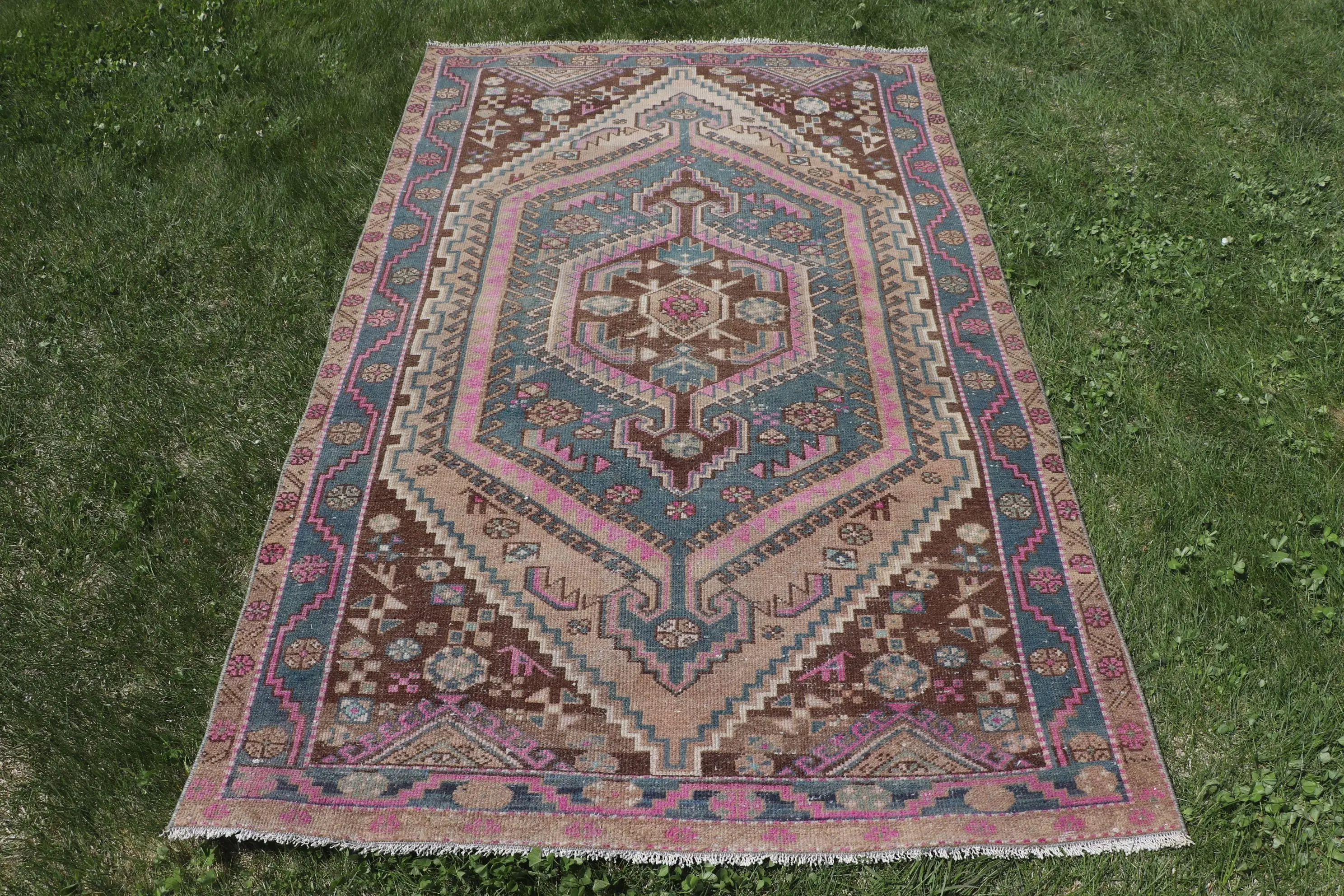 4x6.8 ft Vintage Halı, Türk Alan Halısı, Kahverengi Mavi Ombré Halı - 1