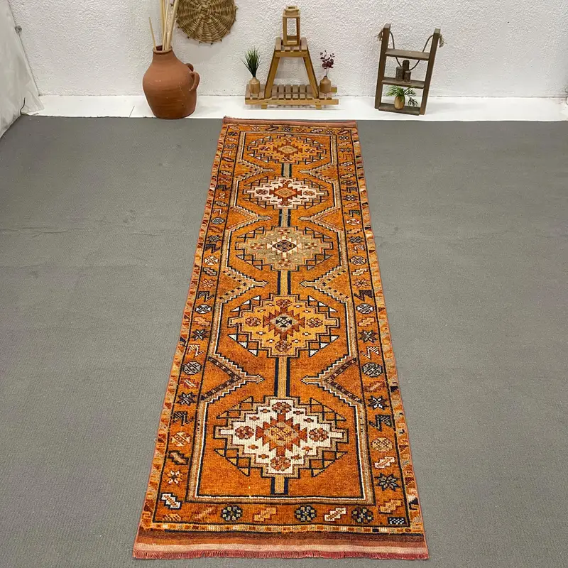Vintage Turkish Rug 3.5x11.2 ft (107x340 cm), Herki Orange Check Rug - 1