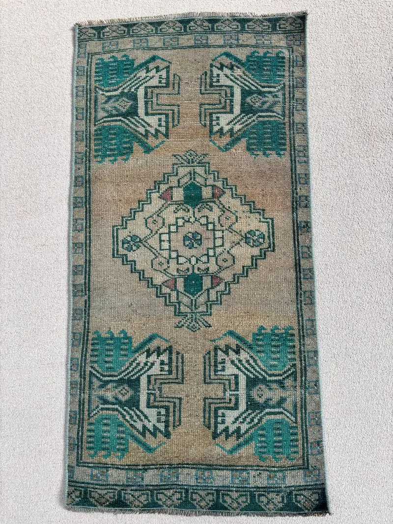 1.6x3.2 ft Vintage Oushak Halı, Türk Halısı, Mavi Çiçekli Yün Halı - 1