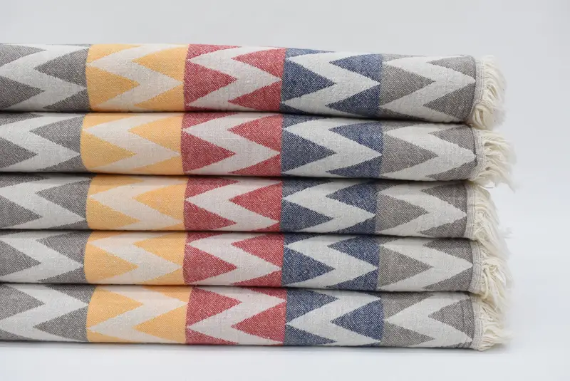 Handmade 70x40 Zigzag Design Turkish Cotton Beach Towel, Blue, Beige