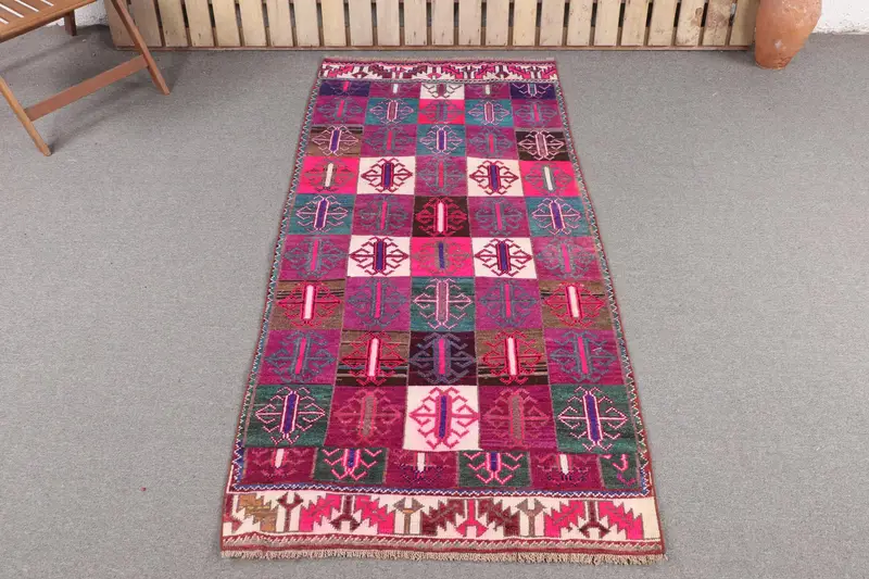 Handmade Purple & Blue Rug, 3,2x6,6 ft Geometric Floral