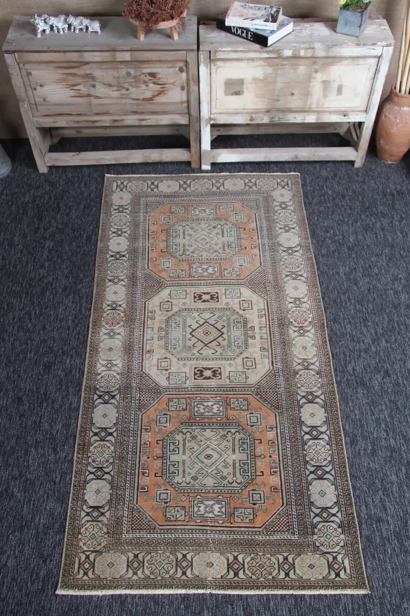 Vintage Rug, Small 3x6.2 ft Turkish Rug, Green Orange Geometric Wool Rug - 1