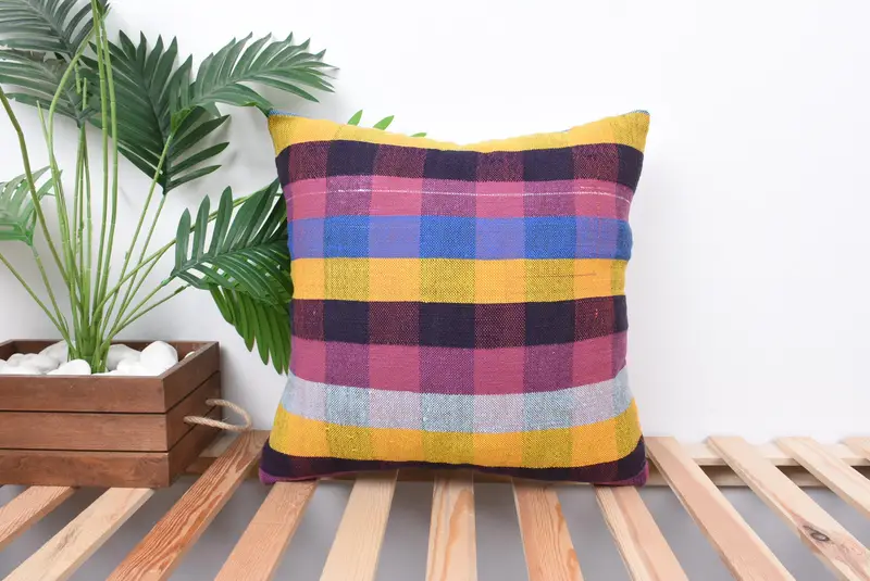 18x18 Yellow Cushion Case, Vintage Pillow, Home Decor Pillow, Anatolian Cushion, Crochet Pattern Cushion Case, Kilim Cushion Sham, Pillow Cover - 1
