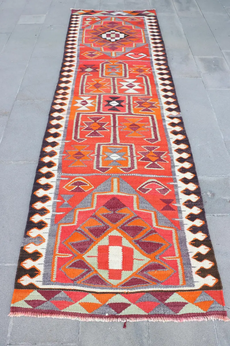 Red & Orange Rug, 3,2x10,4 ft Geometric Floral Design
