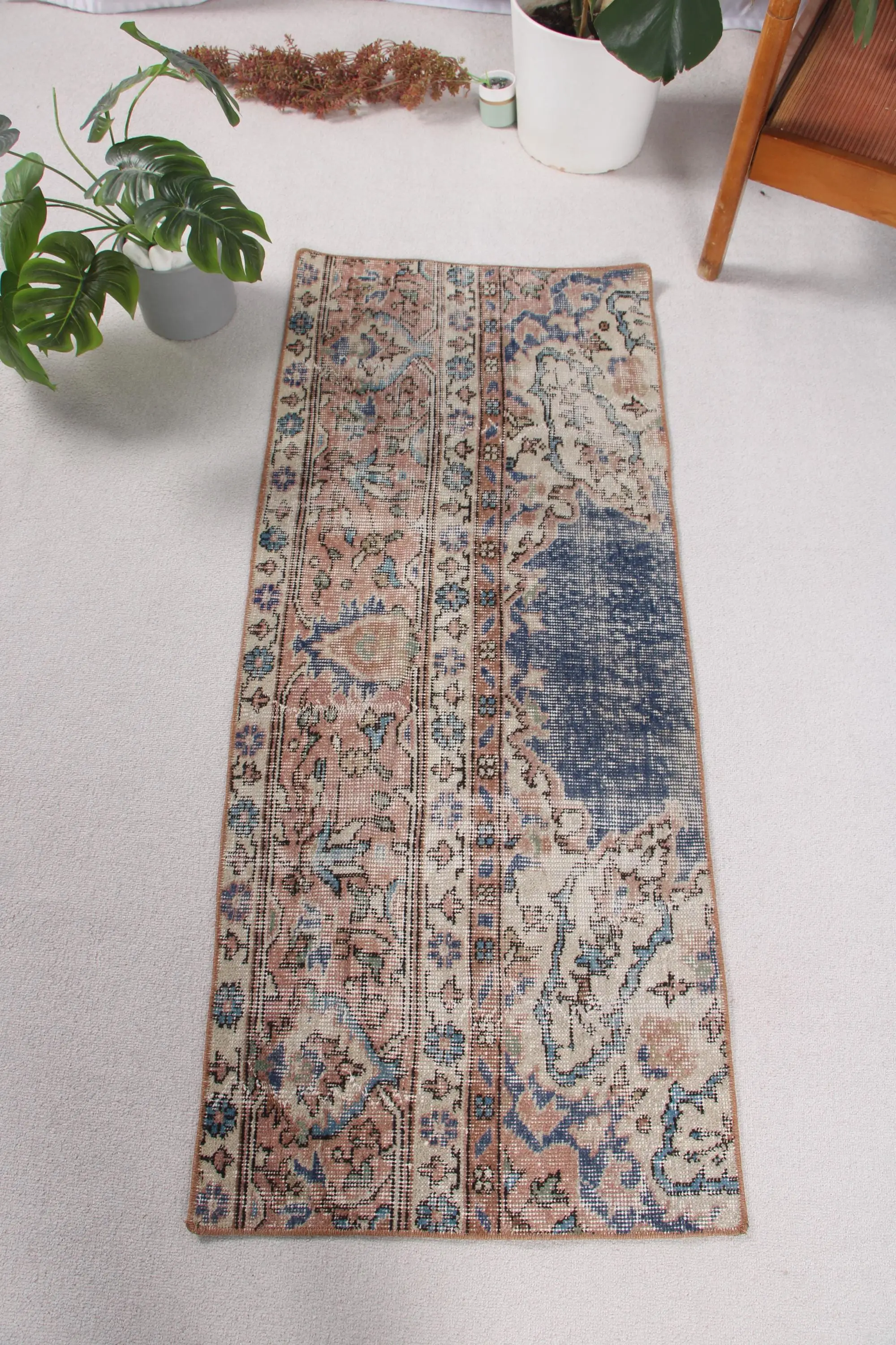Vintage Small Rug 1.9x4.6 ft (58x141 cm), Turkish Blue Southwestern Rug - 1