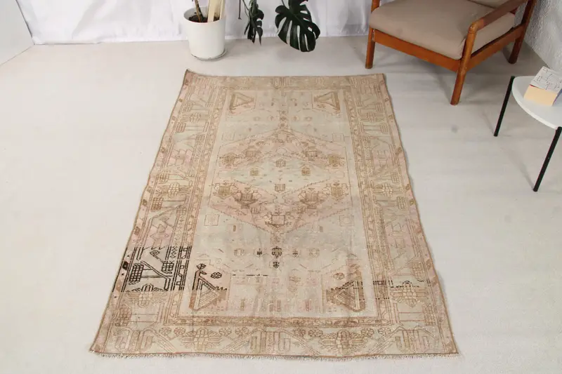 Türkischer 4,1x6,4 ft Teppich, Vintage-Teppich, braun-rosa marokkanischer Teppich - 1