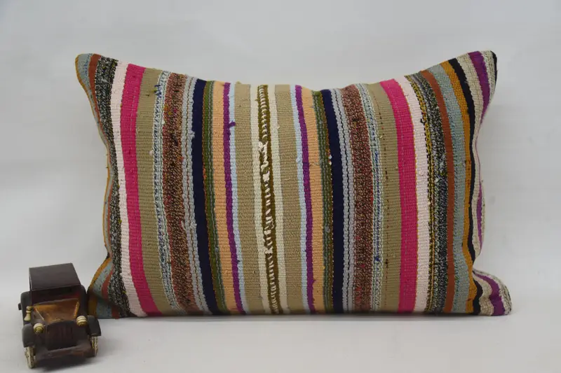 Beige und rosa gestreiftes Kissen, 16x24 besticktes Wurfkissen