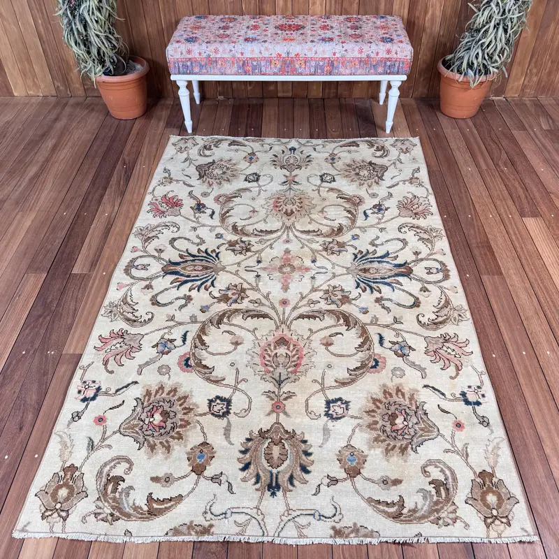 Vintage Rug, 4.6x6.8 ft Area Turkish Rug, Oushak Brown Blue Ombré Rug - 1