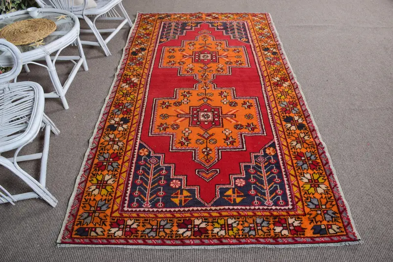 4.4x8.2 ft Rug, Turkish Vintage Rug, Red Moroccan Wool Rug - 1