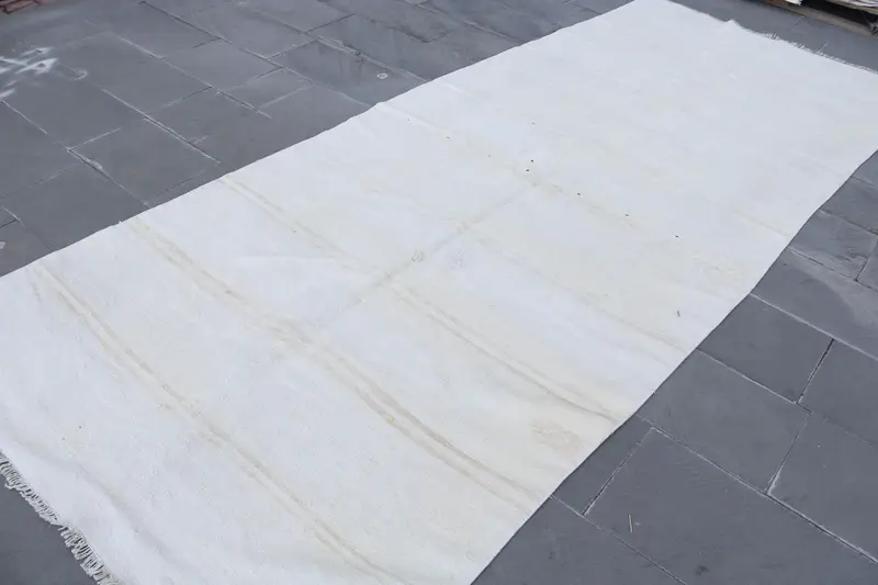 Oushak Vintage Halı, 4.7x11.7 ft Türk Halısı, Beyaz Kamuflaj Yün Halı - 1