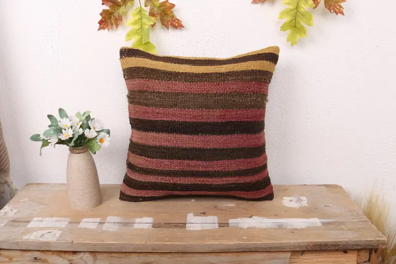 Braun-rot gestreiftes Wurfkissen, 14x14 besticktes Kissen