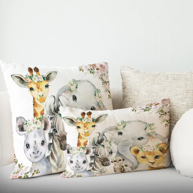 Giraffe & Floral Printed Pillow: Cute Jungle Animal Decor