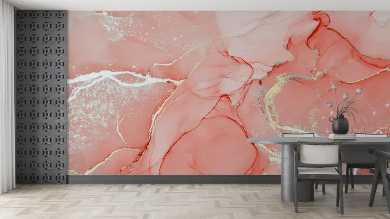 Zarif Mercan Mermer Altın Pırıltılı Lüks Duvar Kağıdı Baskı