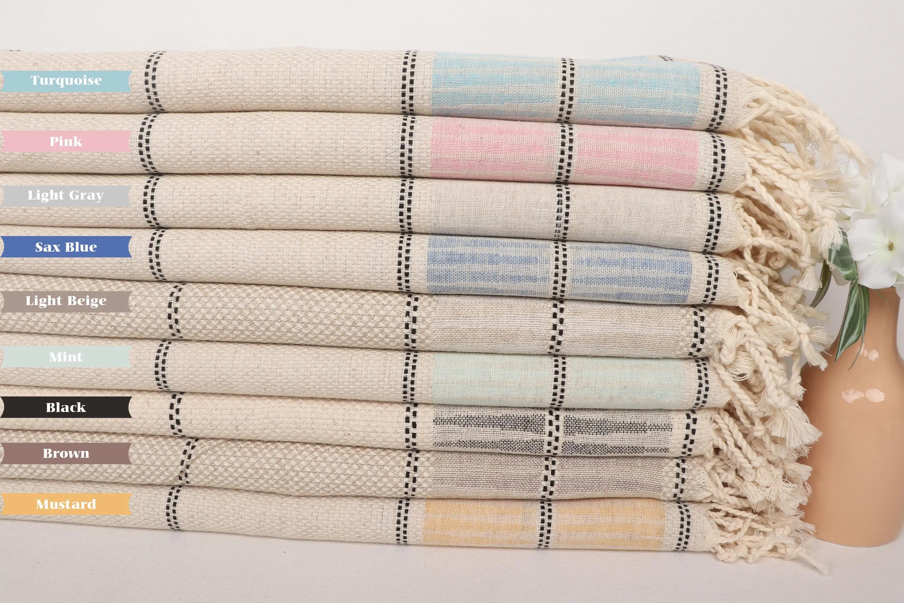 Personalized Linen Tea Towel Cotton, Beige Striped, 20x40 Inches - 1