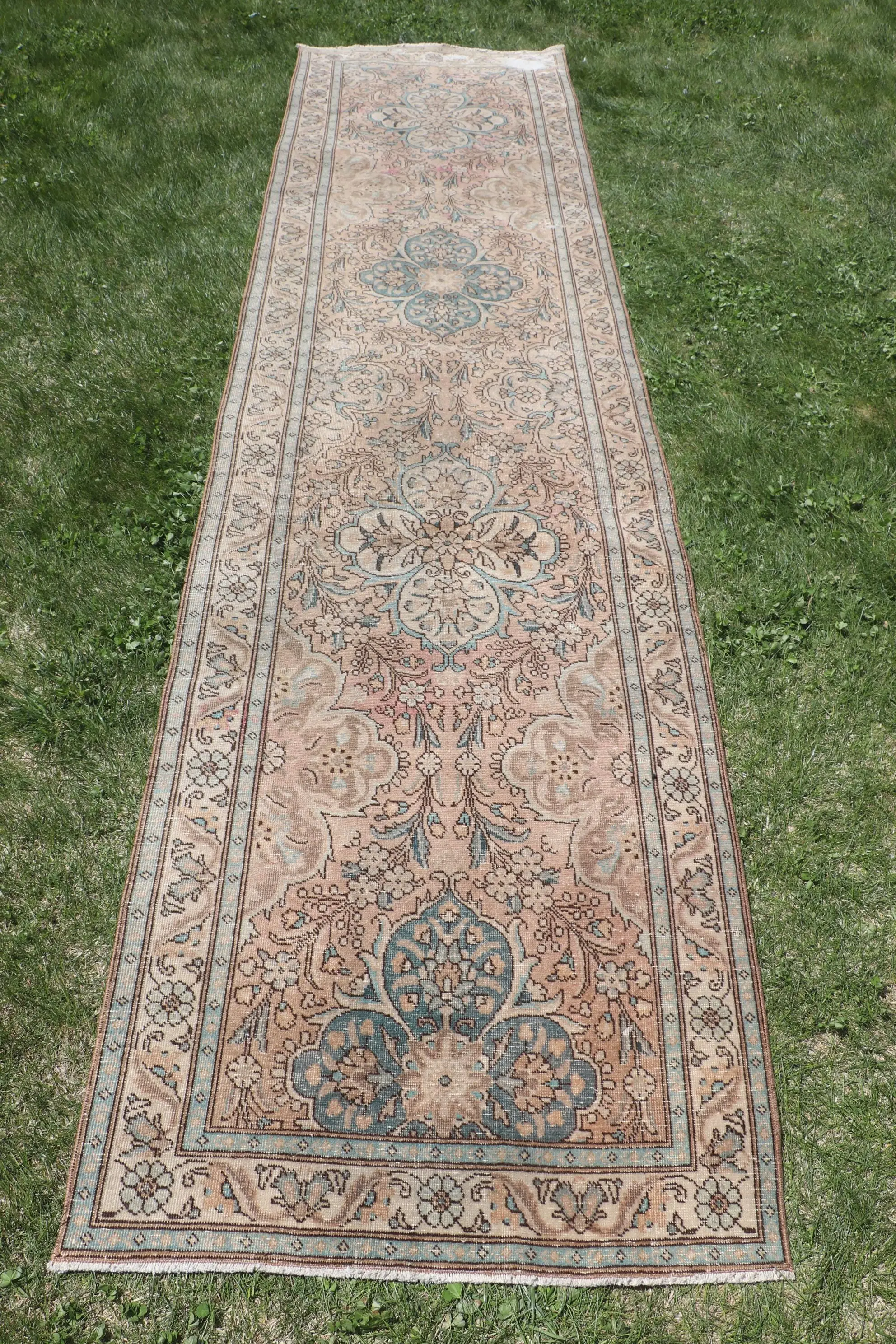 Vintage Runner Halı, 3x12.4 ft Türk Halısı, Kahverengi Yün Halı - 1