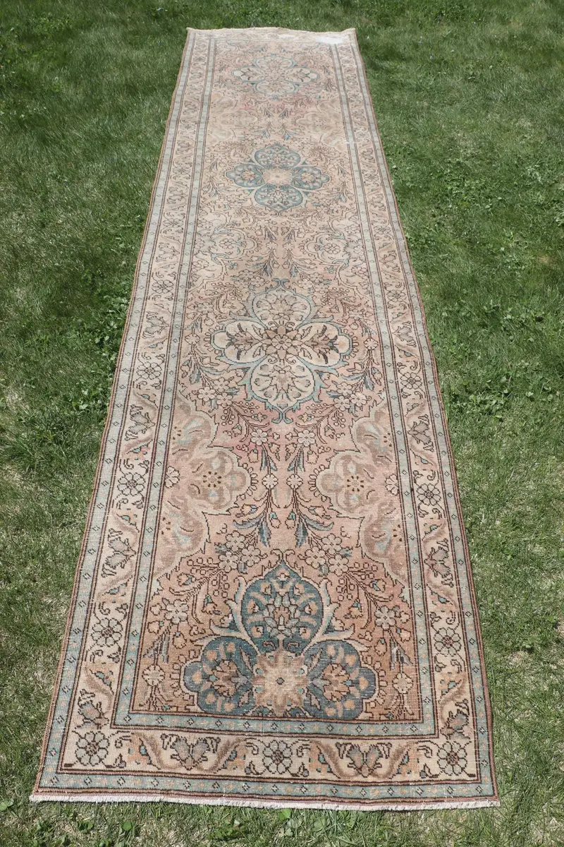 Blue Moroccan Rug, 3x12 ft Elegant Blue & Brown
