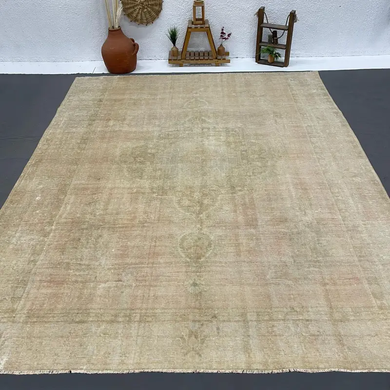 Turkish 9.8x12.3 ft Rug, Oushak Vintage Rug, Brown Rug Wool - 1