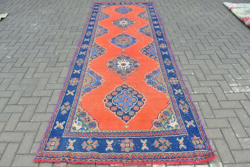 Türkischer Läuferteppich, 4,3 x 11,3 Fuß Vintage-Teppich, orangefarbener Oushak-Wollteppich - 1