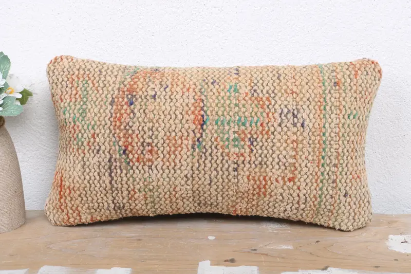 Kilim Pillow, Pillow Sham, Boho Pillow, Sustainable Pillow Case, 8x16 Orange Cushion, Interior Designer Pillow, Neutral Throw Pillow Case - 2