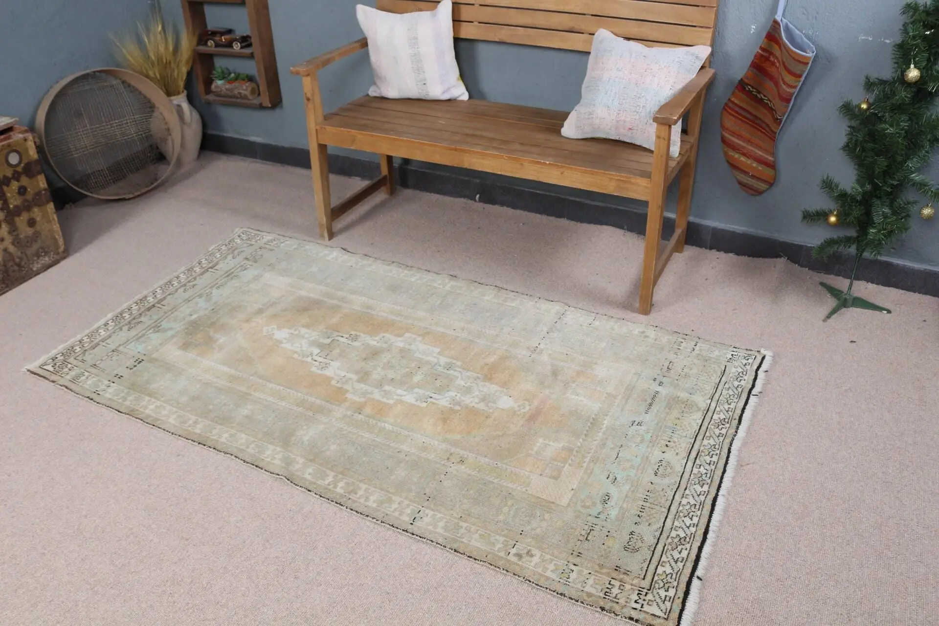 Türk 3.3x6.3 ft Halı, Vintage Halı, Mavi Çiçekli Halı Yün - 1