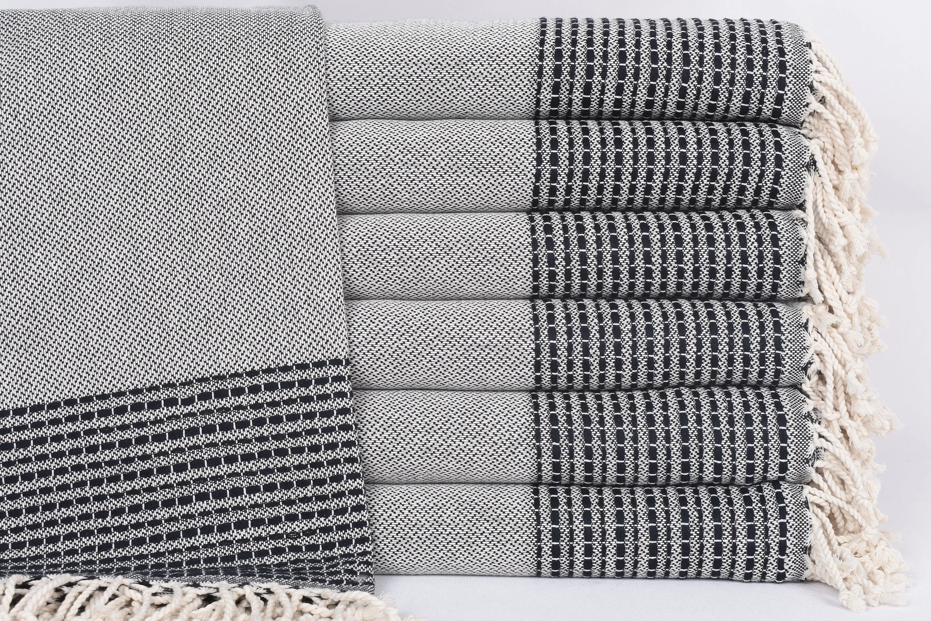 Navy Striped Organic Cotton Bath Towel, Blue and Beige, 69x36 Inches - 1