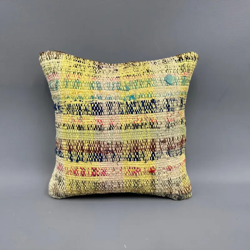 Ethnical Kilim Rug Pillow, Ethnic Cushion Case, Cushion, Neutral Throw Pillow, Turkish Pillow, 12x12 Yellow Cushion, Kilim Pillow Cover - 4
