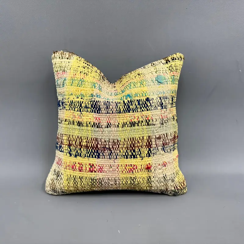 Ethnical Kilim Rug Pillow, Ethnic Cushion Case, Cushion, Neutral Throw Pillow, Turkish Pillow, 12x12 Yellow Cushion, Kilim Pillow Cover - 1