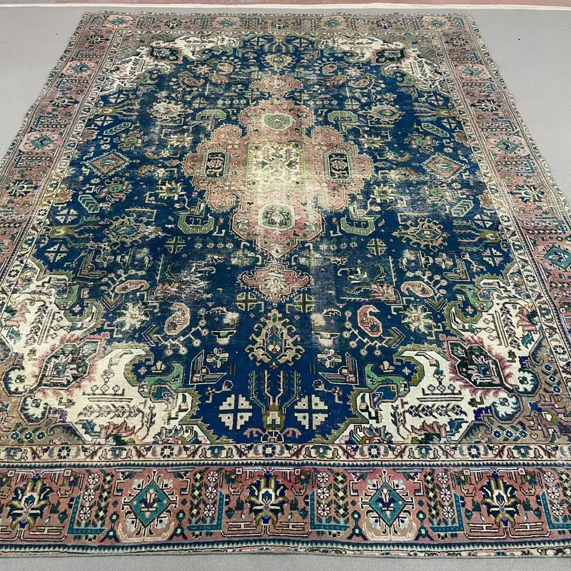 Blue Southwestern Rug, 9.7x12.7 ft with Orange Accents