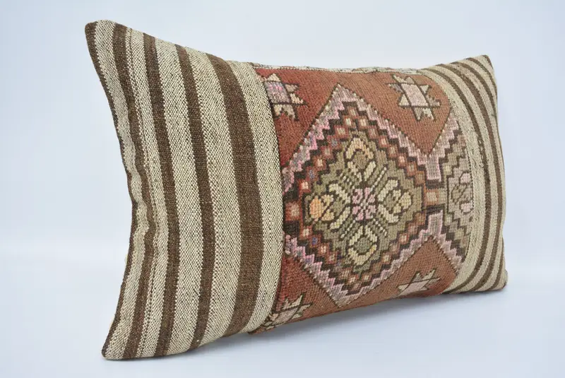 Boho yastık sahte örtü, atma yastık kılıfı, yastık, vintage Kilim atma yastığı, etnik Kilim halı yastığı, sandalye yastık kılıfı, 16x24 kahverengi yastık kasası - 3