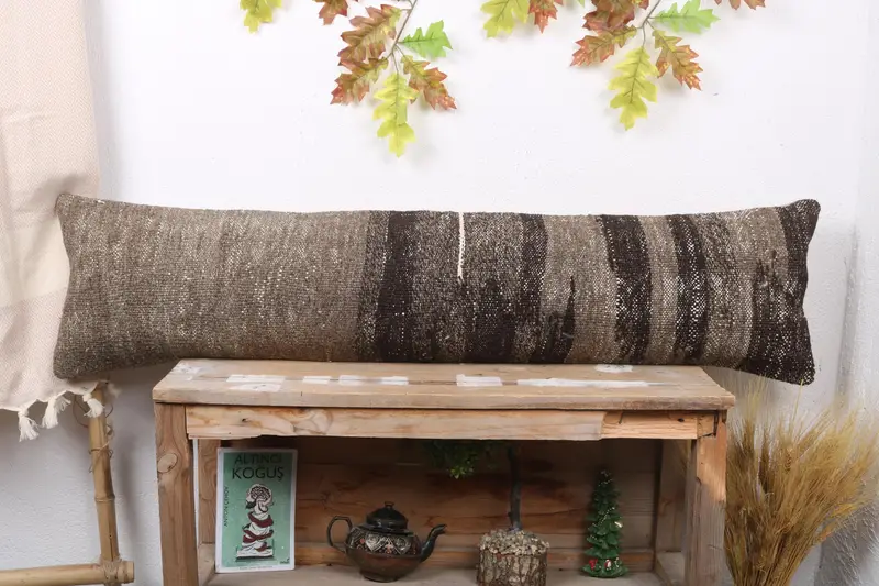 Almohada de tiro marrón a rayas bordada, cojín vintage hecho a mano