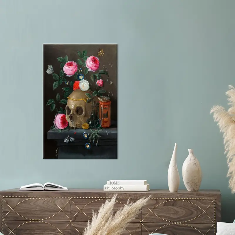 Elegante lienzo estampado de calaveras y flores - Decoración artística del hogar
