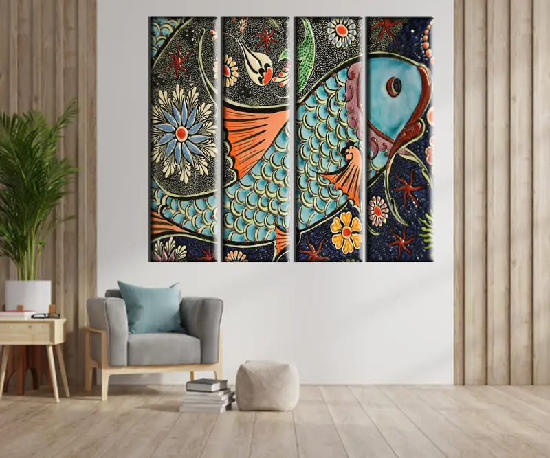 Mosaic Pattern Fish Canvas, Wall Art Canvas, Canvas Print, Wall Hanging Decor, Art of Marbling, Home Decor Wall Art, Ceramic Design Art - 1