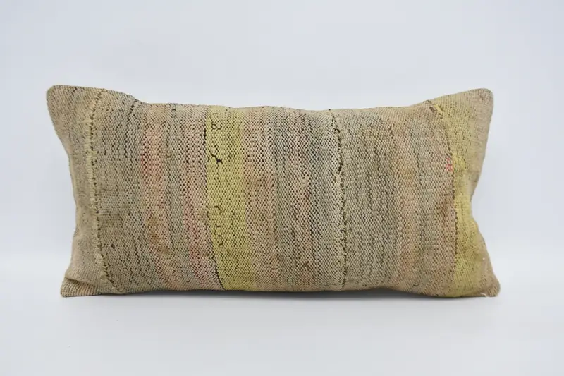 Striped Throw Moroccan Cushion Cover, Yellow 12x24 inch Wool Pillow Case - 1