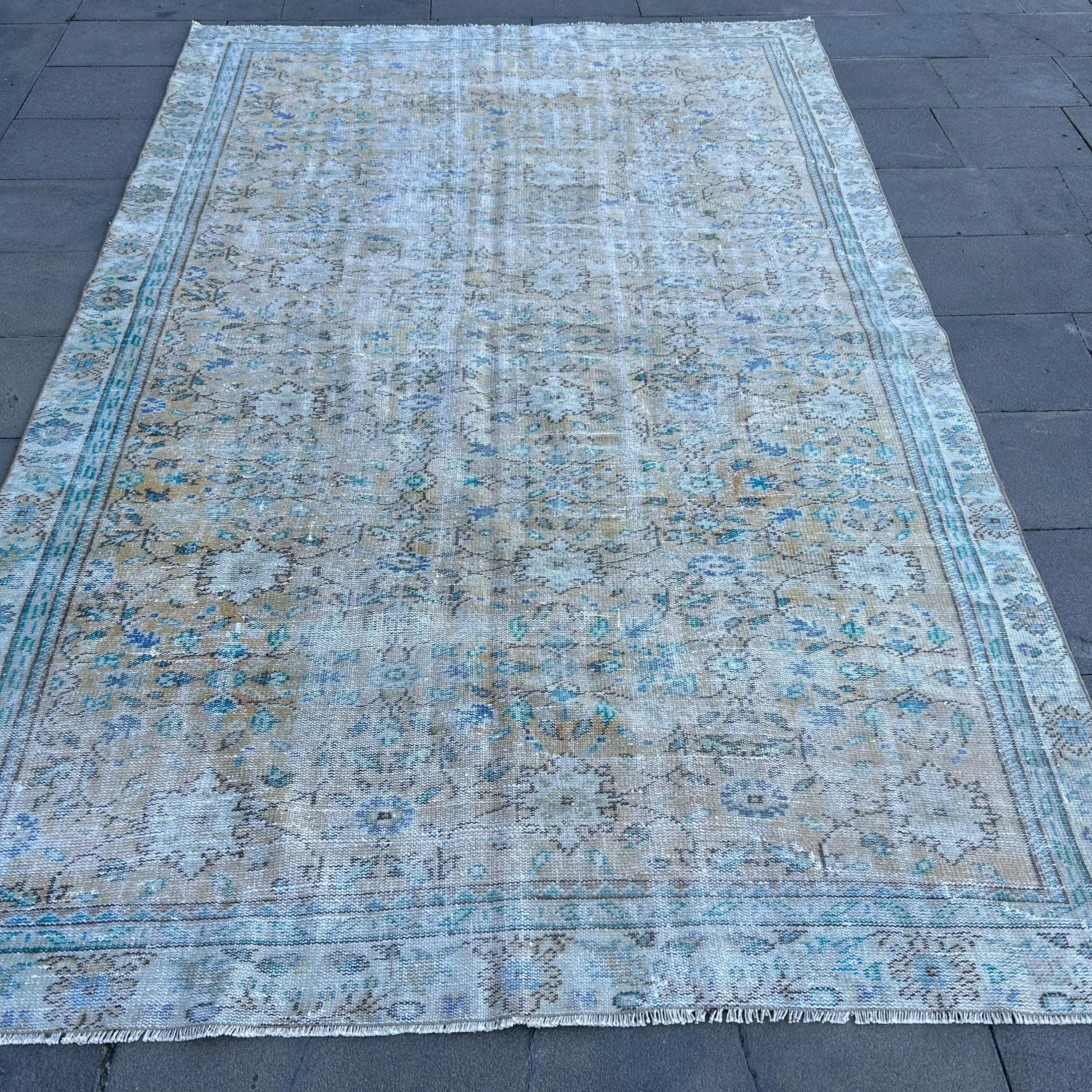 Turkish Vintage Rug 5.9x9.4 ft, Blue Floral Wool Rug - 1